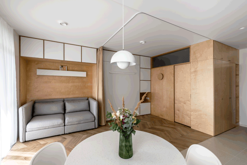 studio 40m2 avec lit escamotable décoration contemporaine bois clair et couleurs naturelles studio 40m2 avec lit escamotable décoration contemporaine bois clair et couleurs naturelles