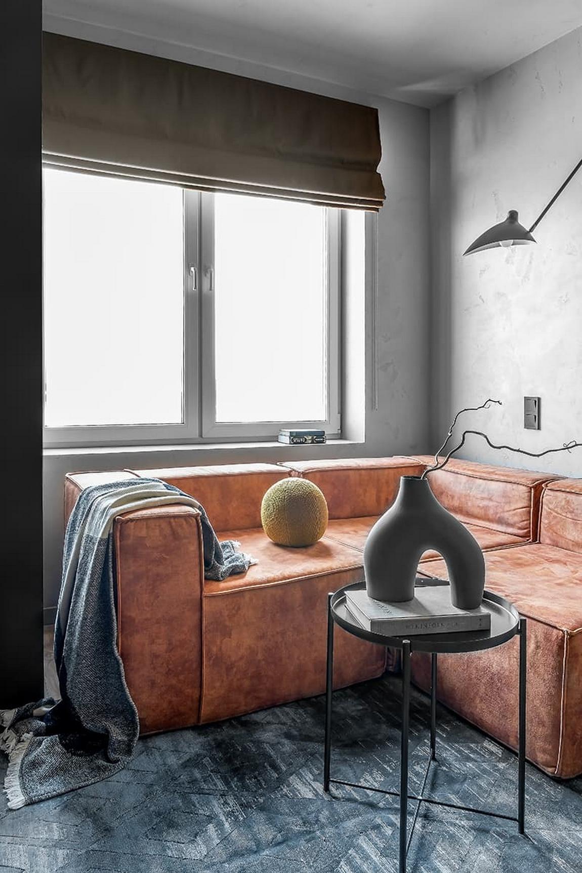 salon avec canapé cuir fauve deux-pièces design 42m2