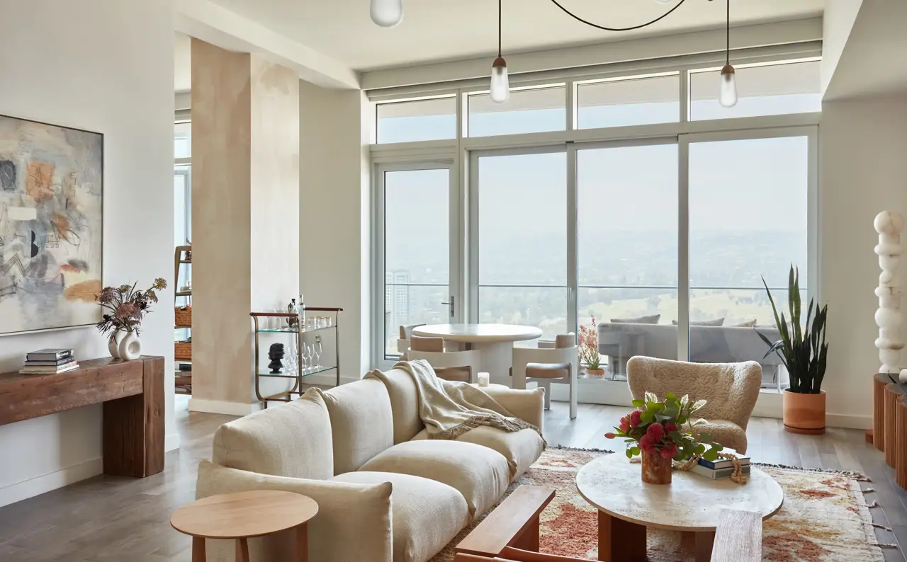 salon décoration contemporaine avec baies vitrées et vue sur Los Angeles