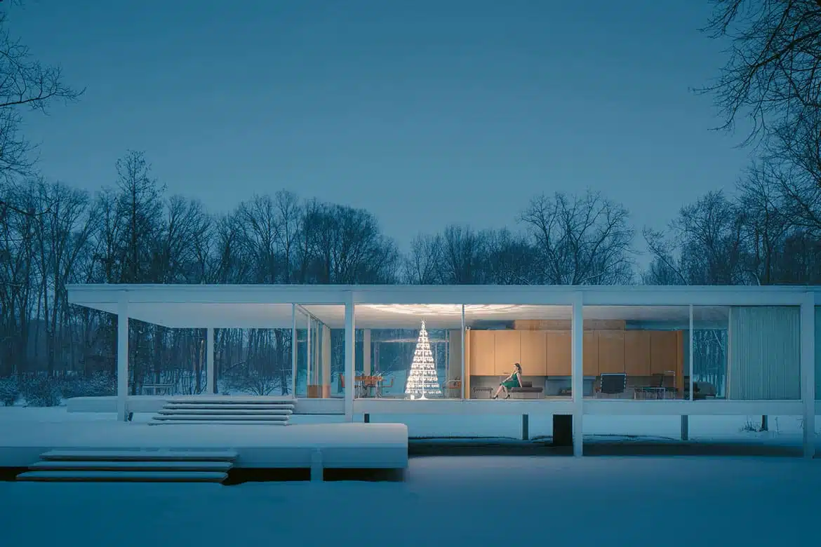 Noël décoration design à la maison Farnsworth de Mies van der Rohe Noël décoration design à la maison Farnsworth de Mies van der Rohe