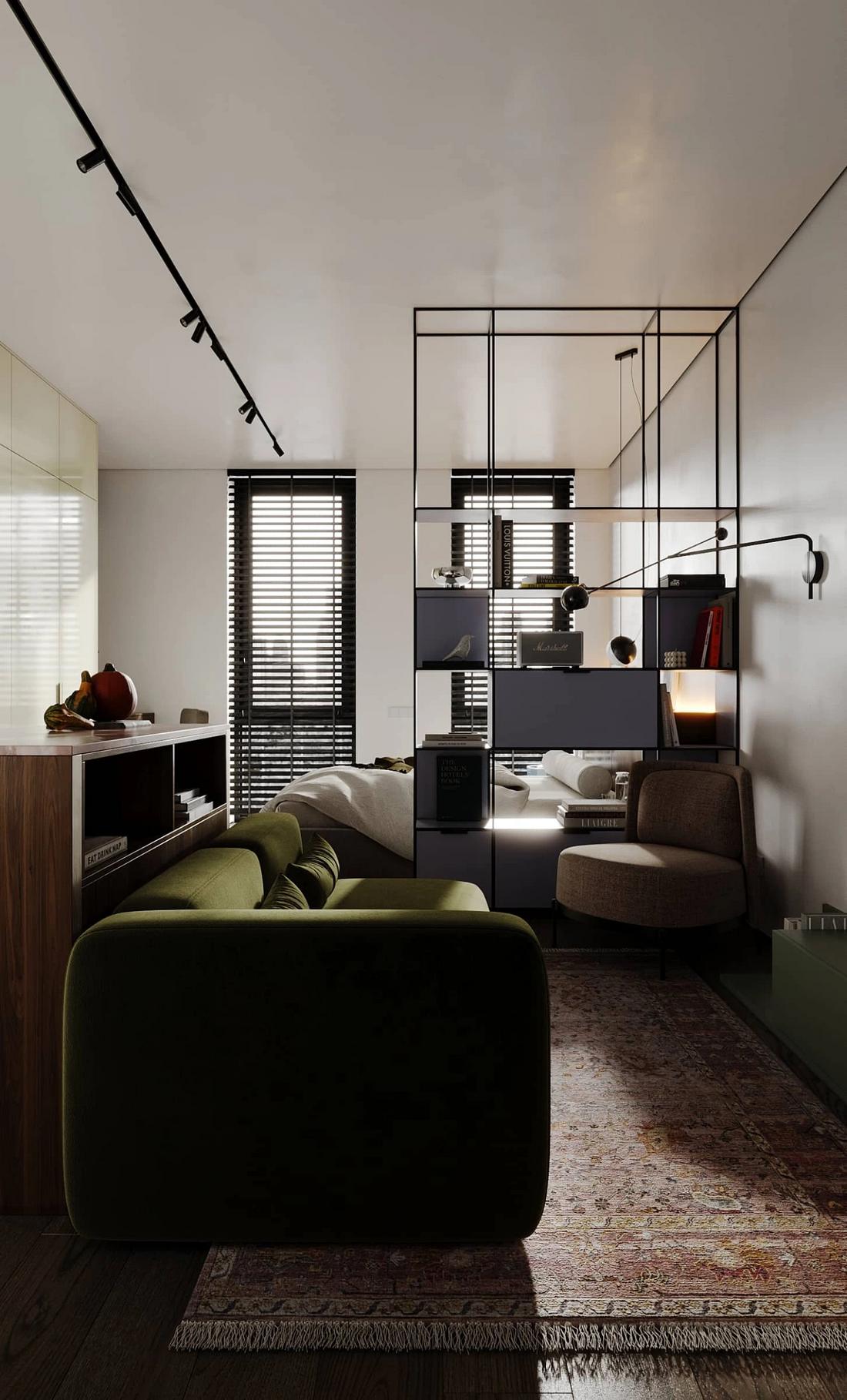salon avec canapé vert et zone chambre style mid-century moderne studio de 33m2 salon avec canapé vert et zone chambre style mid-century moderne studio de 33m2