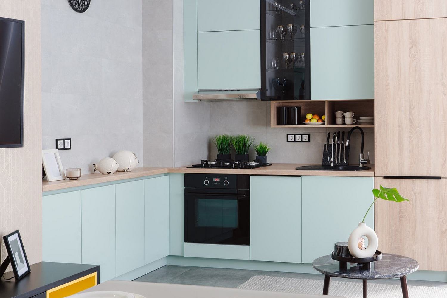cuisine ouverte bleu clair et bois clair décoration contemporaine cuisine ouverte bleu clair et bois clair décoration contemporaine