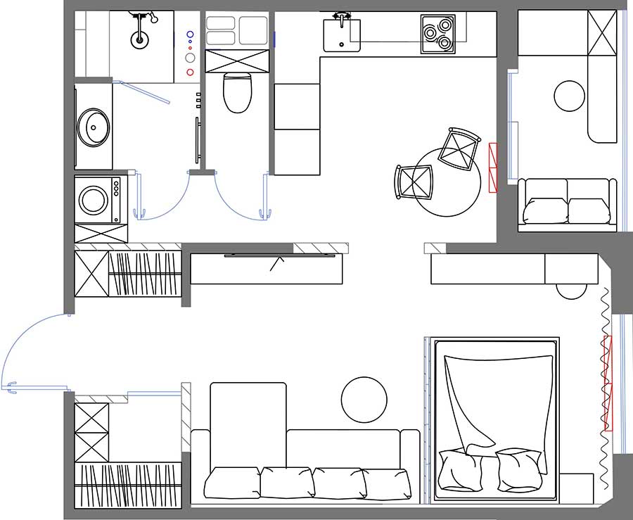 plan studio 42m2 transformé en deux-pièces avec verrière bois