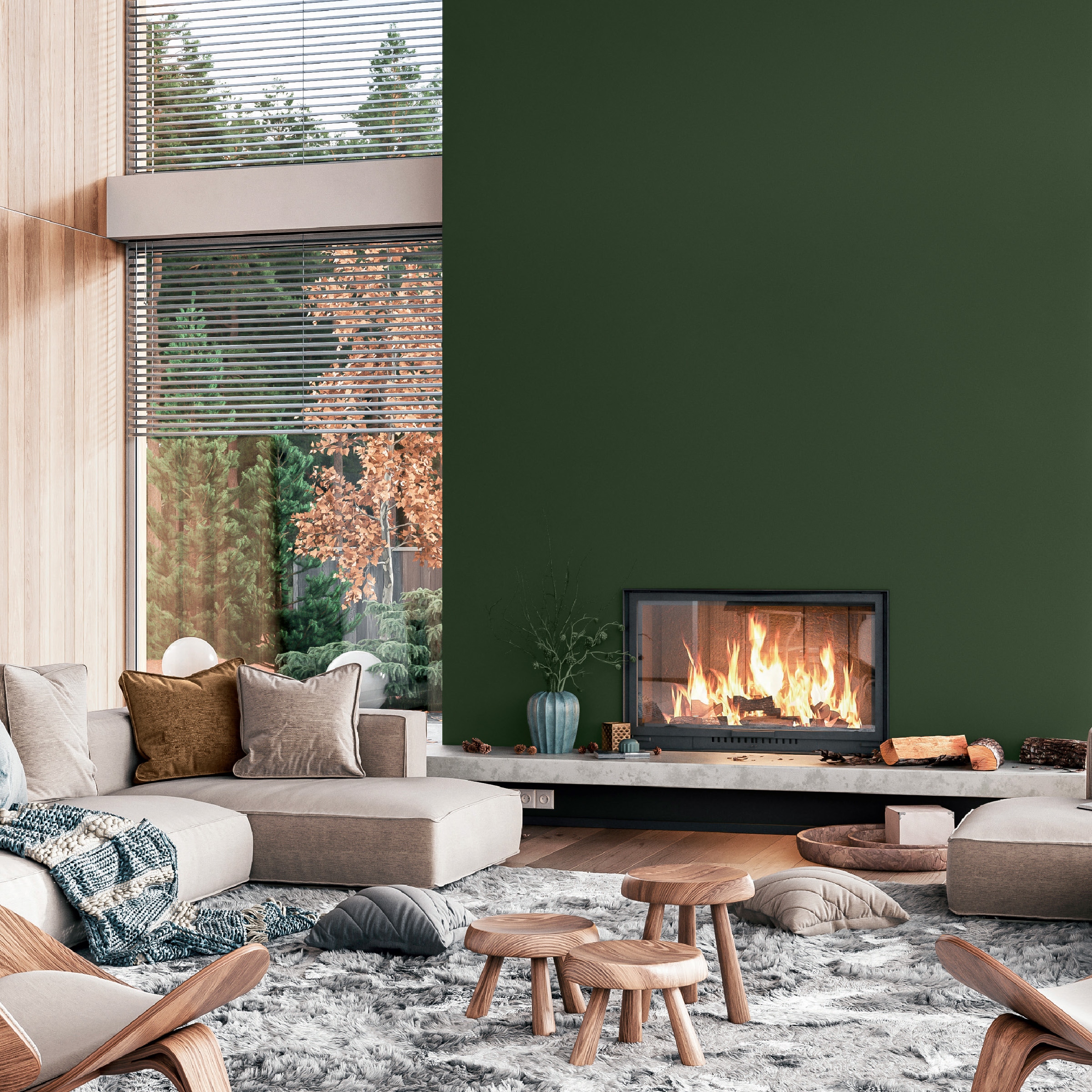 salon décoration contemporaine avec cheminée mur vert sapin