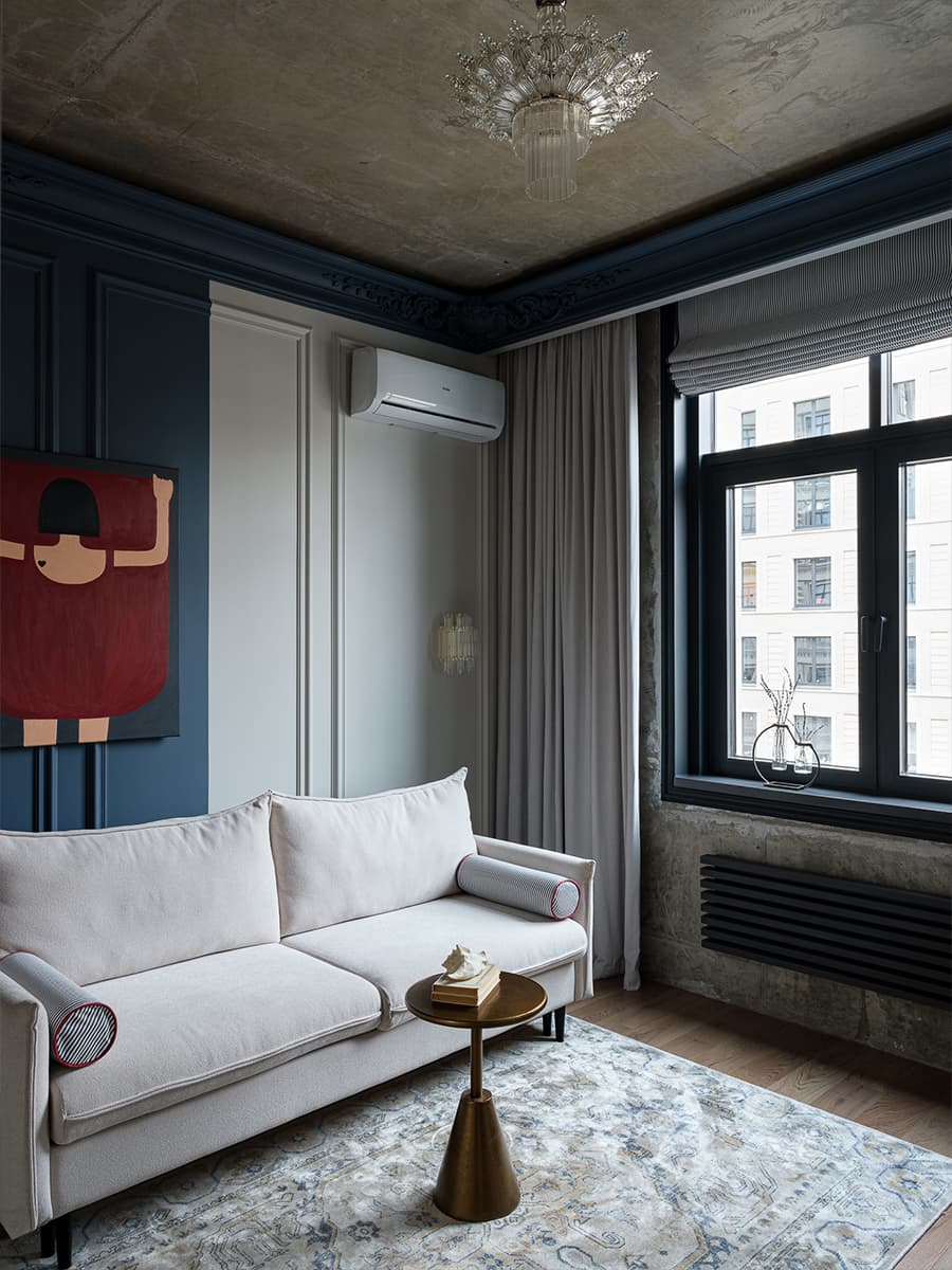 salon murs bleus plafond béton deux-pièces de 41m2 décoration contemporaine salon murs bleus plafond béton deux-pièces de 41m2 décoration contemporaine