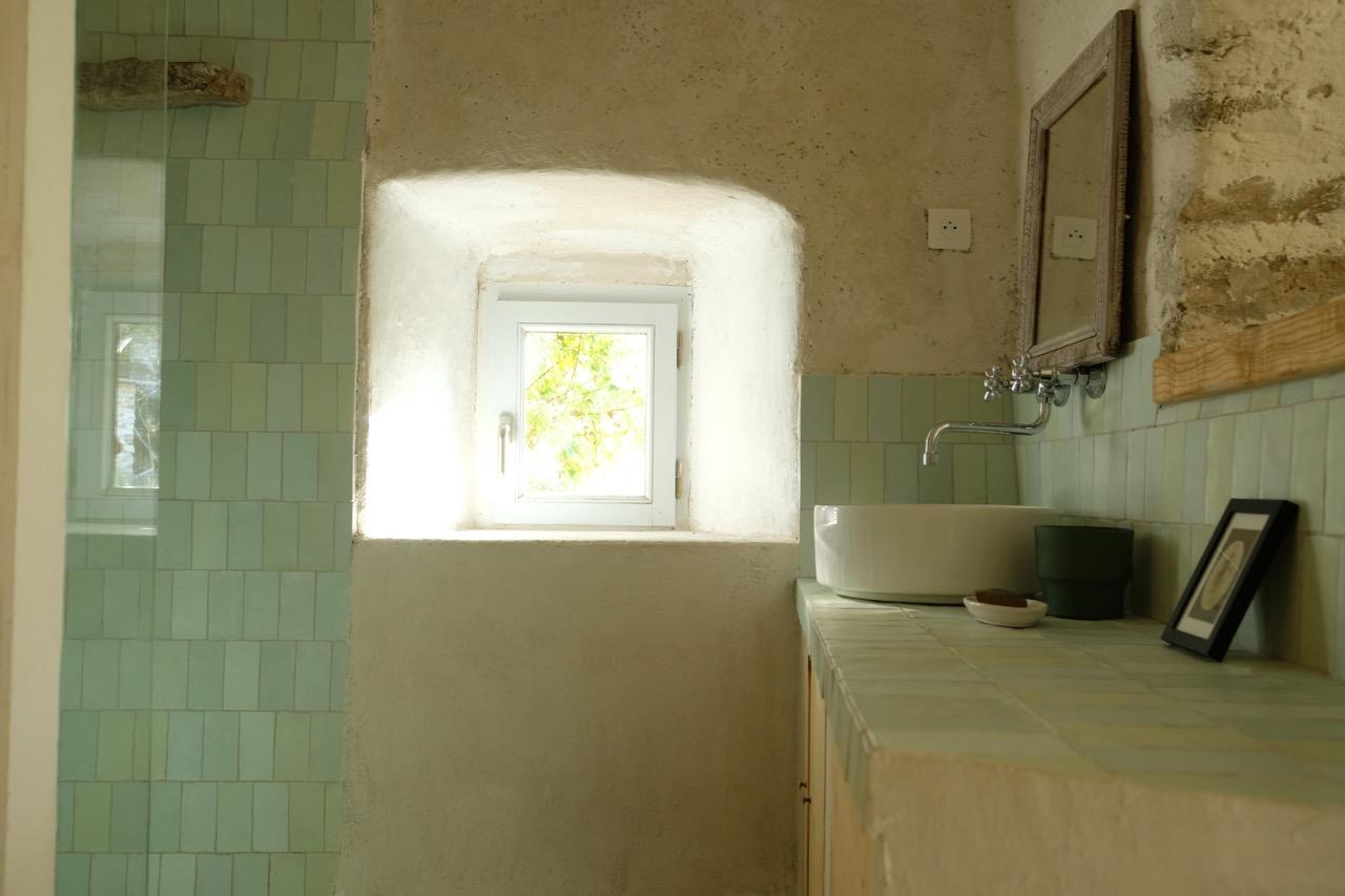 salle de bain verte ancienne ferme rénovée Vercors Les Écailles salle de bain verte ancienne ferme rénovée Vercors Les Écailles