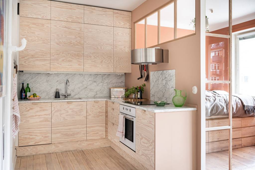 cuisine studio 48m2 et coin nuit séparé fermé par cloison en bois vitrée