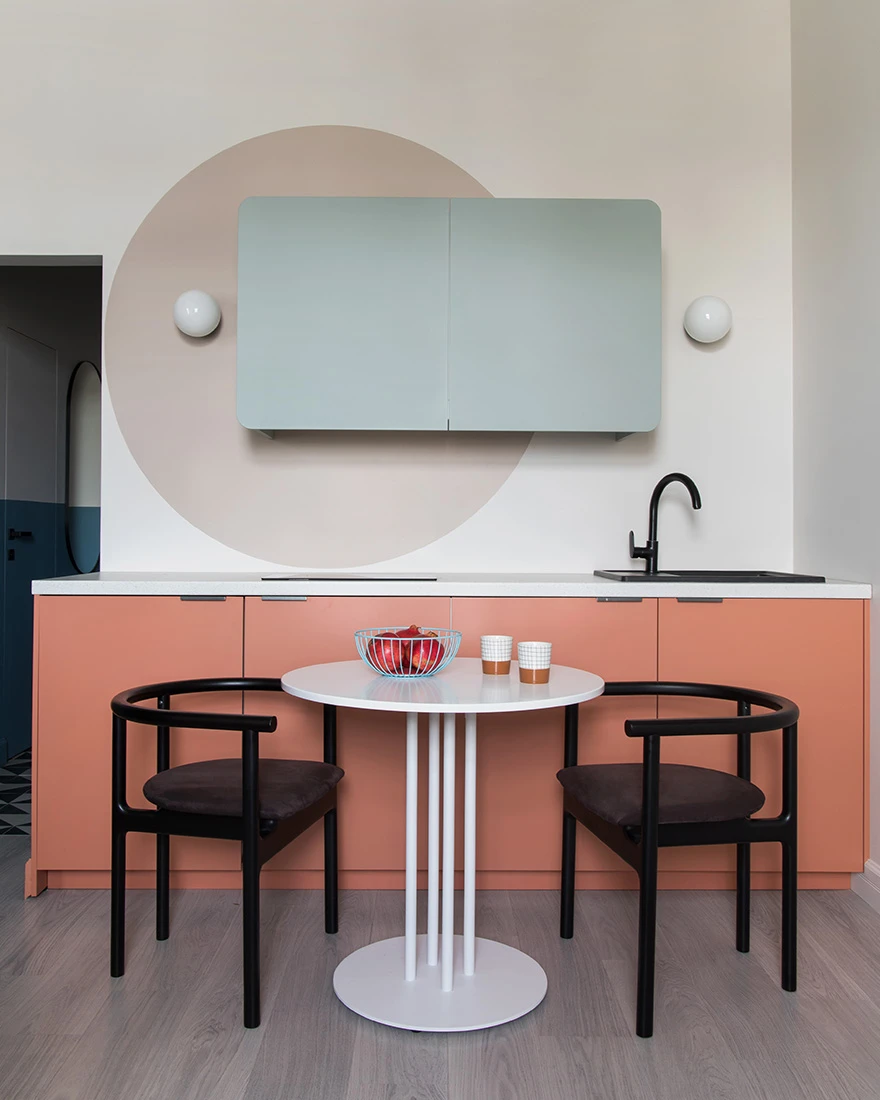 cuisine ouverte terracotta et bleue décoration contemporaine appartement de 35m2 cuisine ouverte terracotta et bleue décoration contemporaine appartement de 35m2