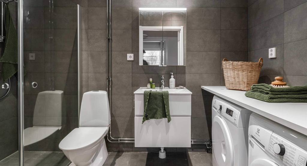salle de bain grise avec espace buanderie