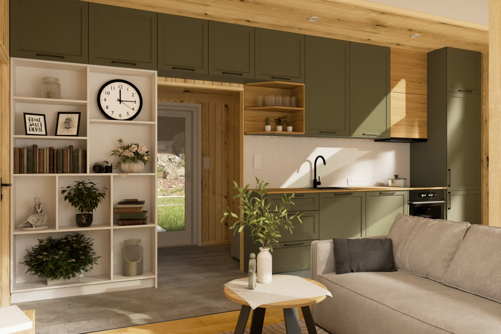 salon et cuisine verte petite maison 41m2 livrable en Europe Evergreen par Vagabond Haven salon et cuisine verte petite maison 41m2 livrable en Europe Evergreen par Vagabond Haven