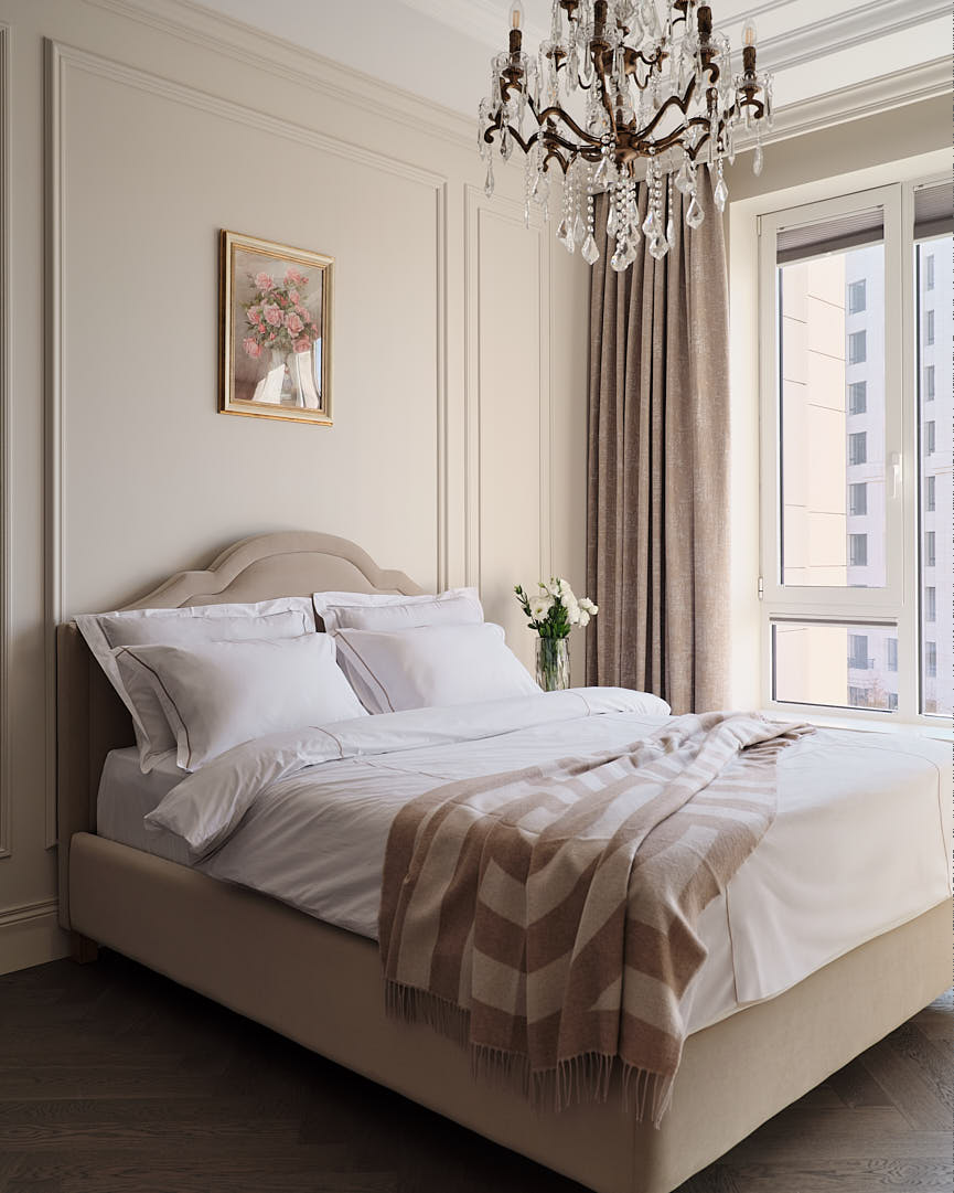chambre beige avec moulures appartement Kazakhstan décoration classique chic chambre beige avec moulures appartement Kazakhstan décoration classique chic