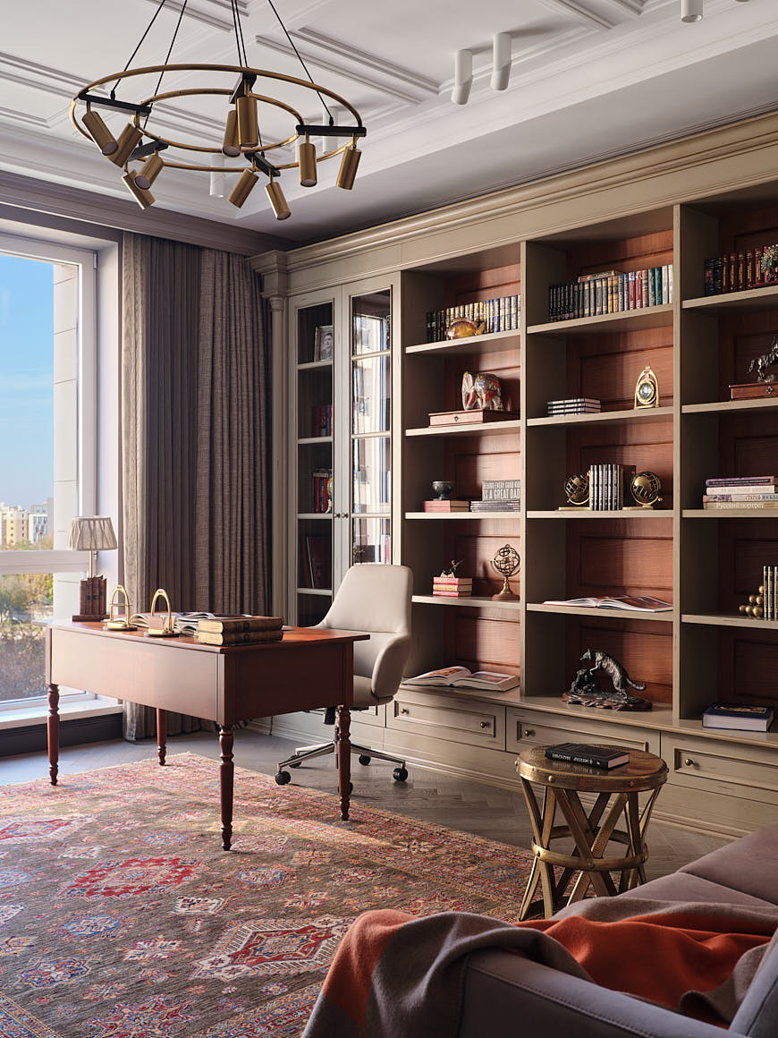 bureau avec bibliothèque sur mesure appartement Kazakhstan décoration classique chic bureau avec bibliothèque sur mesure appartement Kazakhstan décoration classique chic