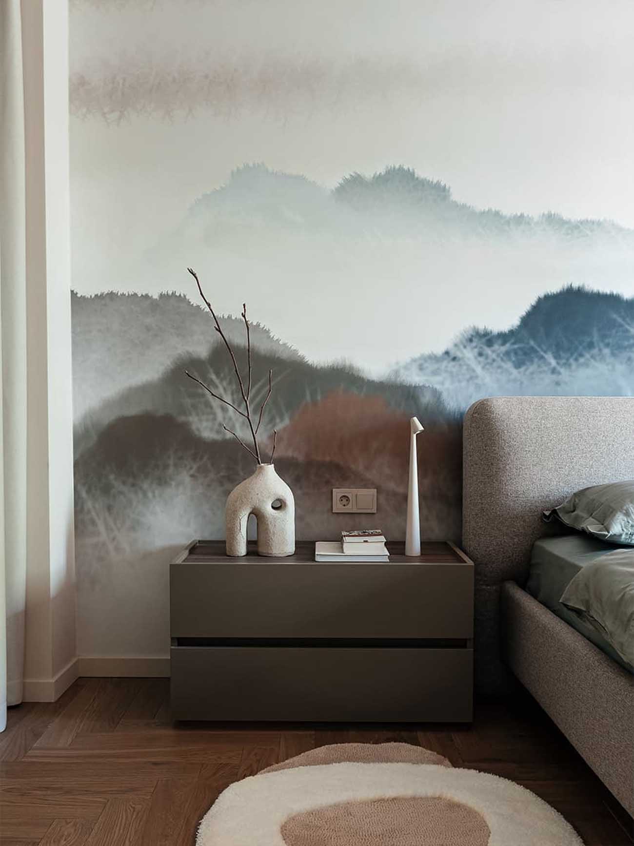 chambre papier-peint panoramique montagnes dans la brume appartement 53m2 décoration contemporaine chambre papier-peint panoramique montagnes dans la brume appartement 53m2 décoration contemporaine