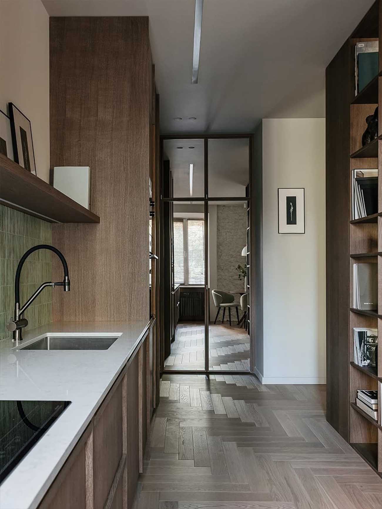 cuisine ouverte mobilier noyer carrelage vert céladon appartement 53m2 décoration contemporaine cuisine ouverte mobilier noyer carrelage vert céladon appartement 53m2 décoration contemporaine
