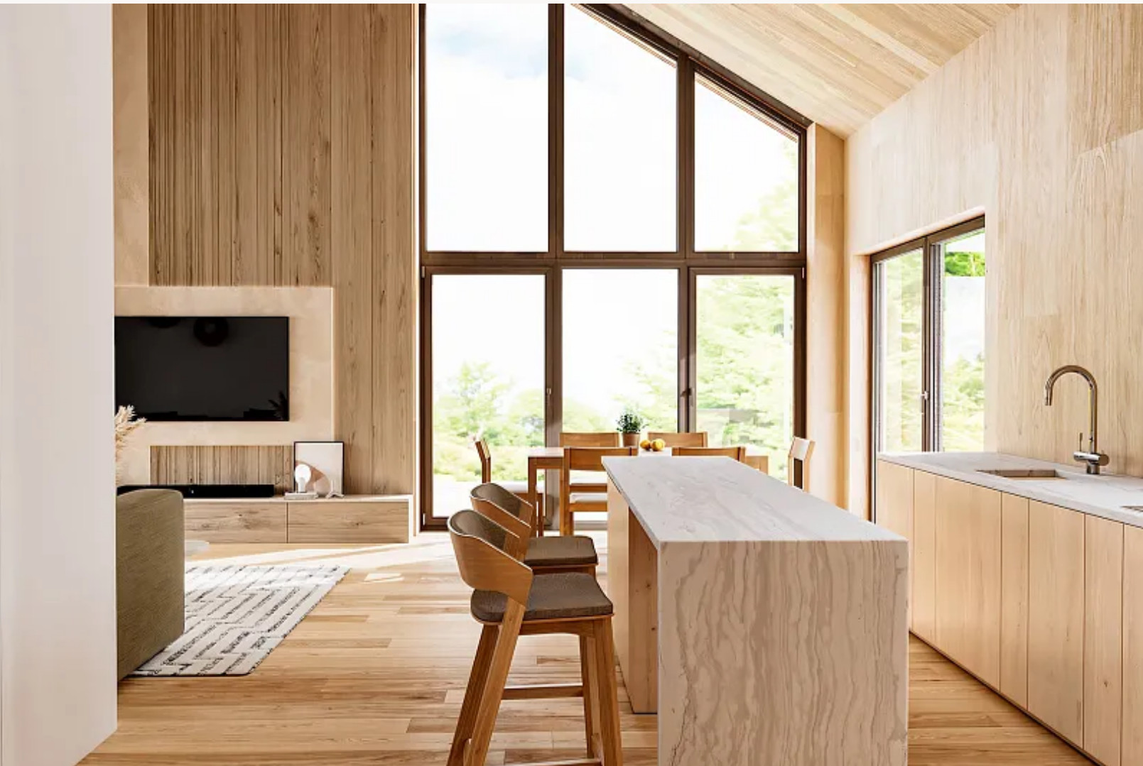 cuisine et salon avec pignon vitré décoration naturelle maison française en bois 113m2 CHALET PRO Modèle NYONS cuisine et salon avec pignon vitré décoration naturelle maison française en bois 113m2 CHALET PRO Modèle NYONS