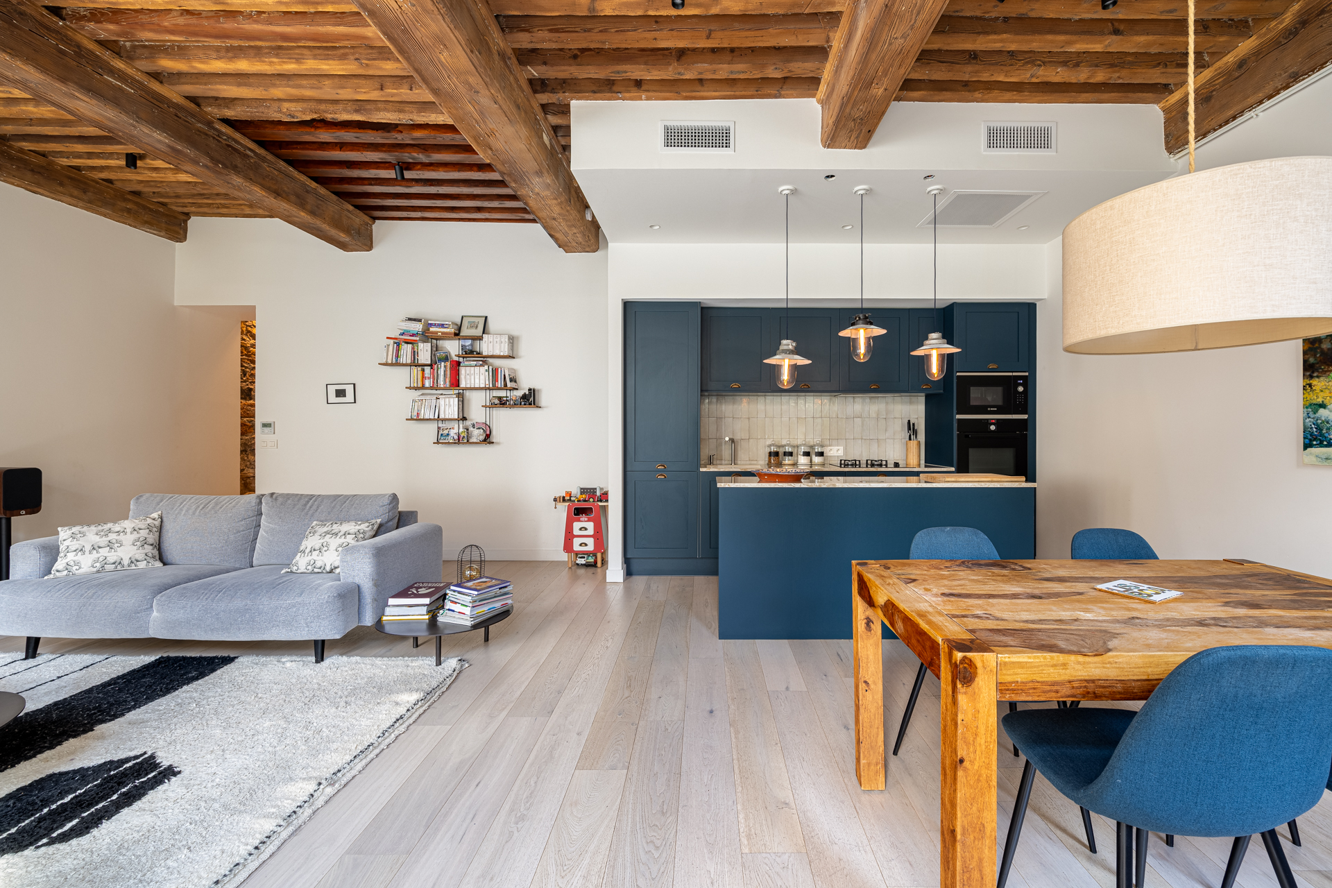 cuisine bleue ouverte et salon décoration contemporaine avec poutres appartement avec jardin Lyon