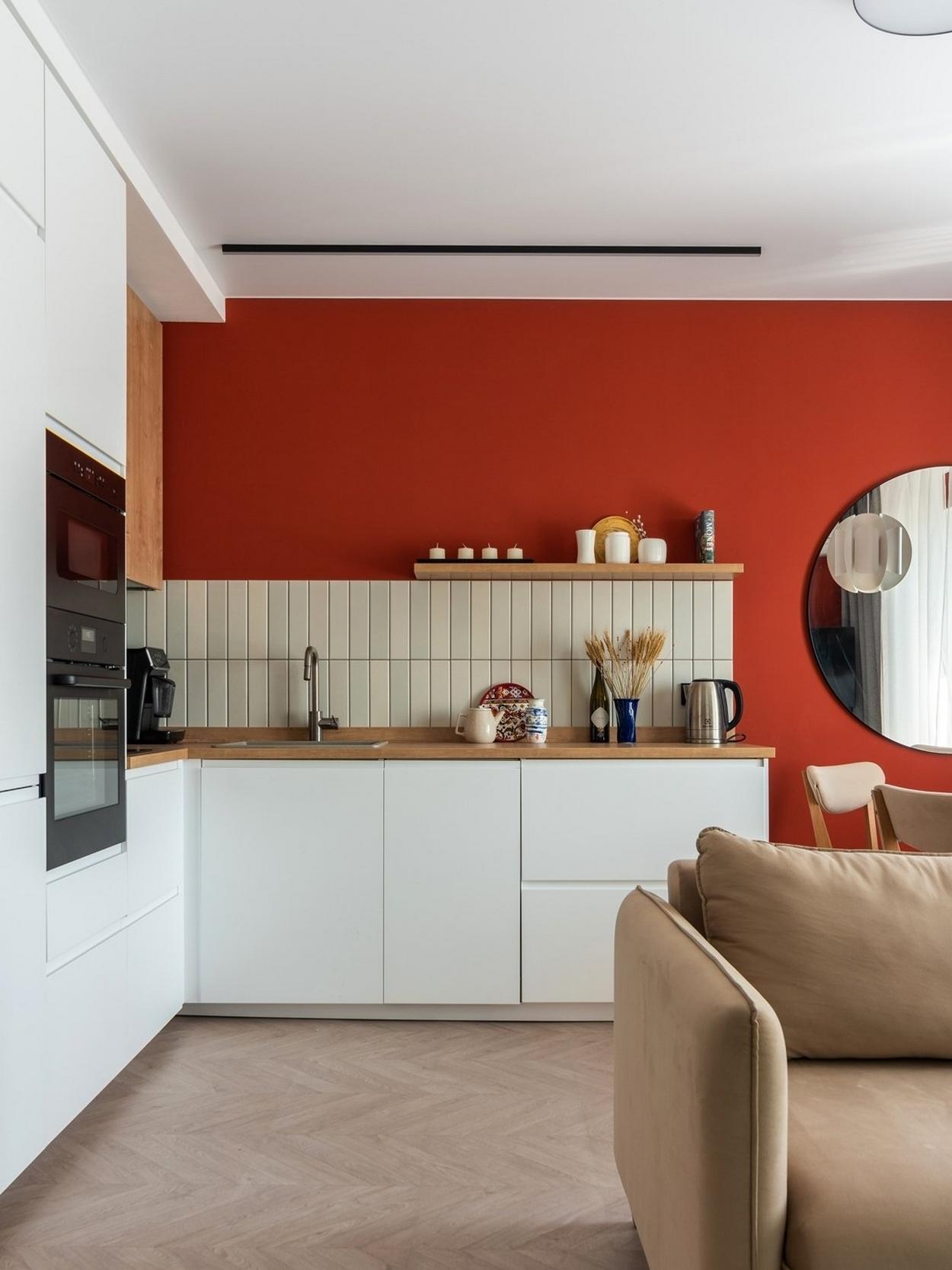 salon avec cuisine ouverte mur rouge appartement moderne 32m2 salon avec cuisine ouverte mur rouge appartement moderne 32m2