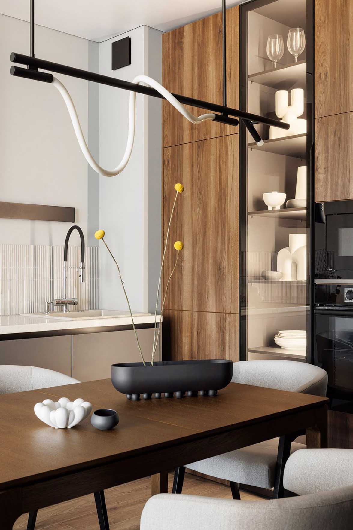 salle à manger et cuisine noyer appartement 40m2 décoration contemporaine