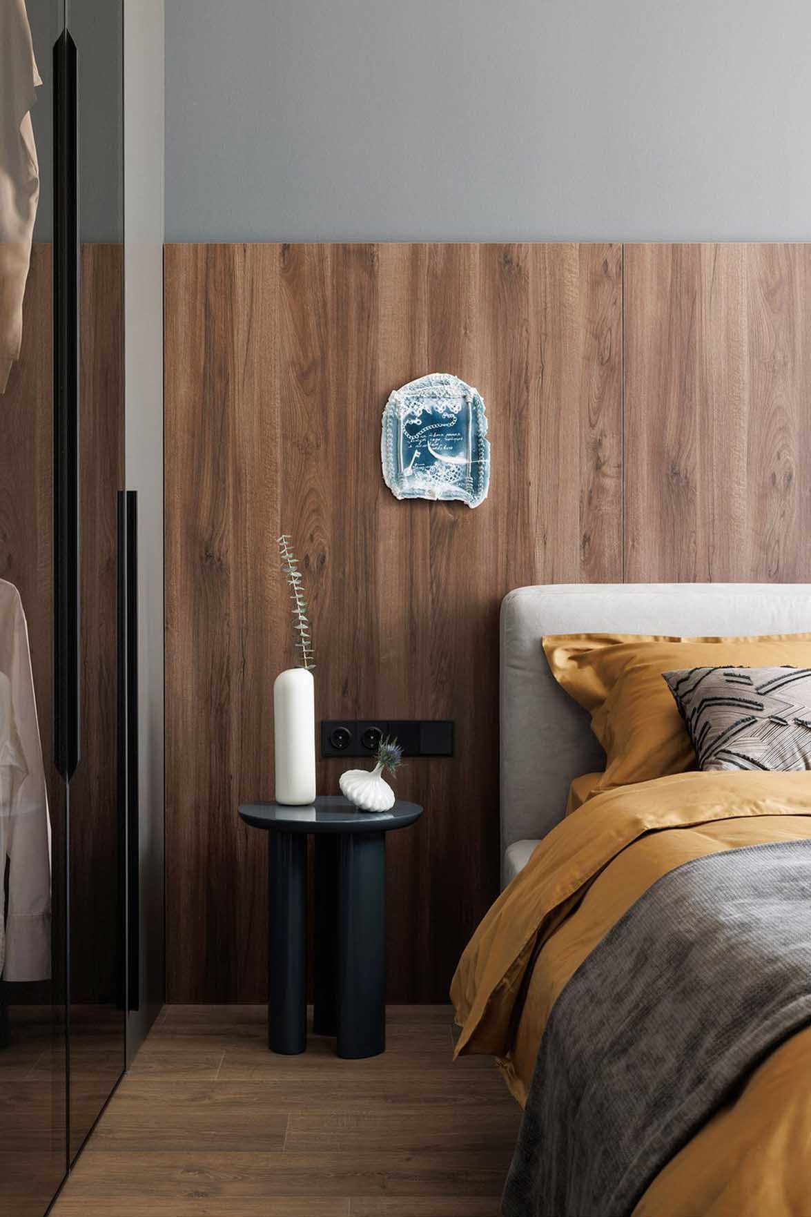 chambre mur noyer avec dressing appartement 40m2 décoration contemporaine