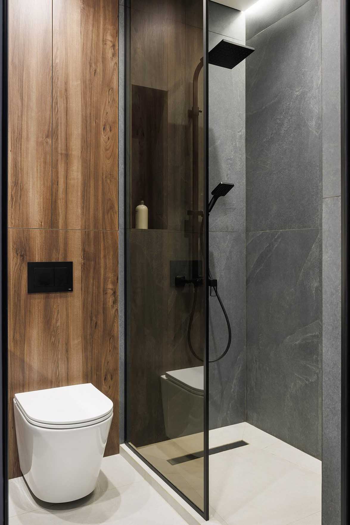 salle de bain grise et noyer appartement 40m2 décoration contemporaine