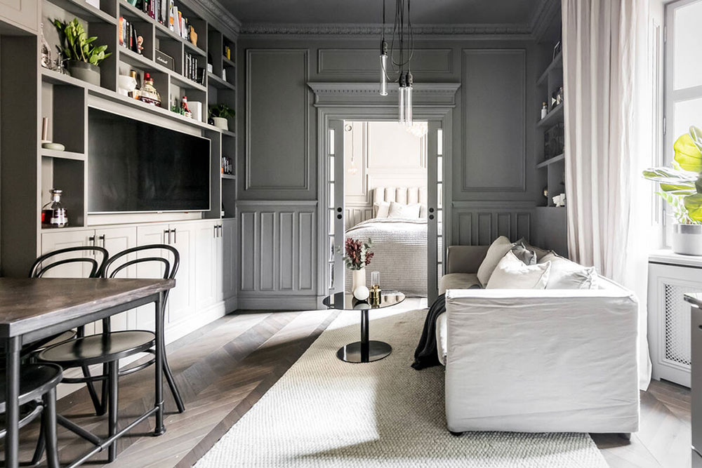 chambre et salon avec moulures anciennes décoration grise scandinave et contemporaine deux-pièces 39m2