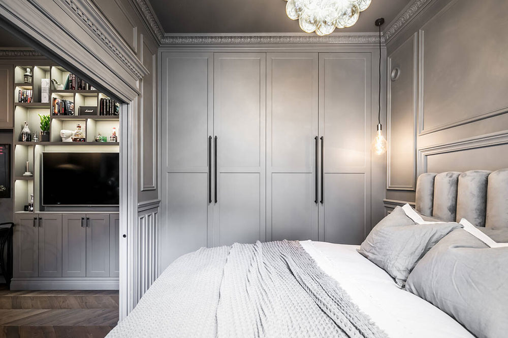 chambre avec moulures anciennes décoration grise scandinave et contemporaine deux-pièces 39m2