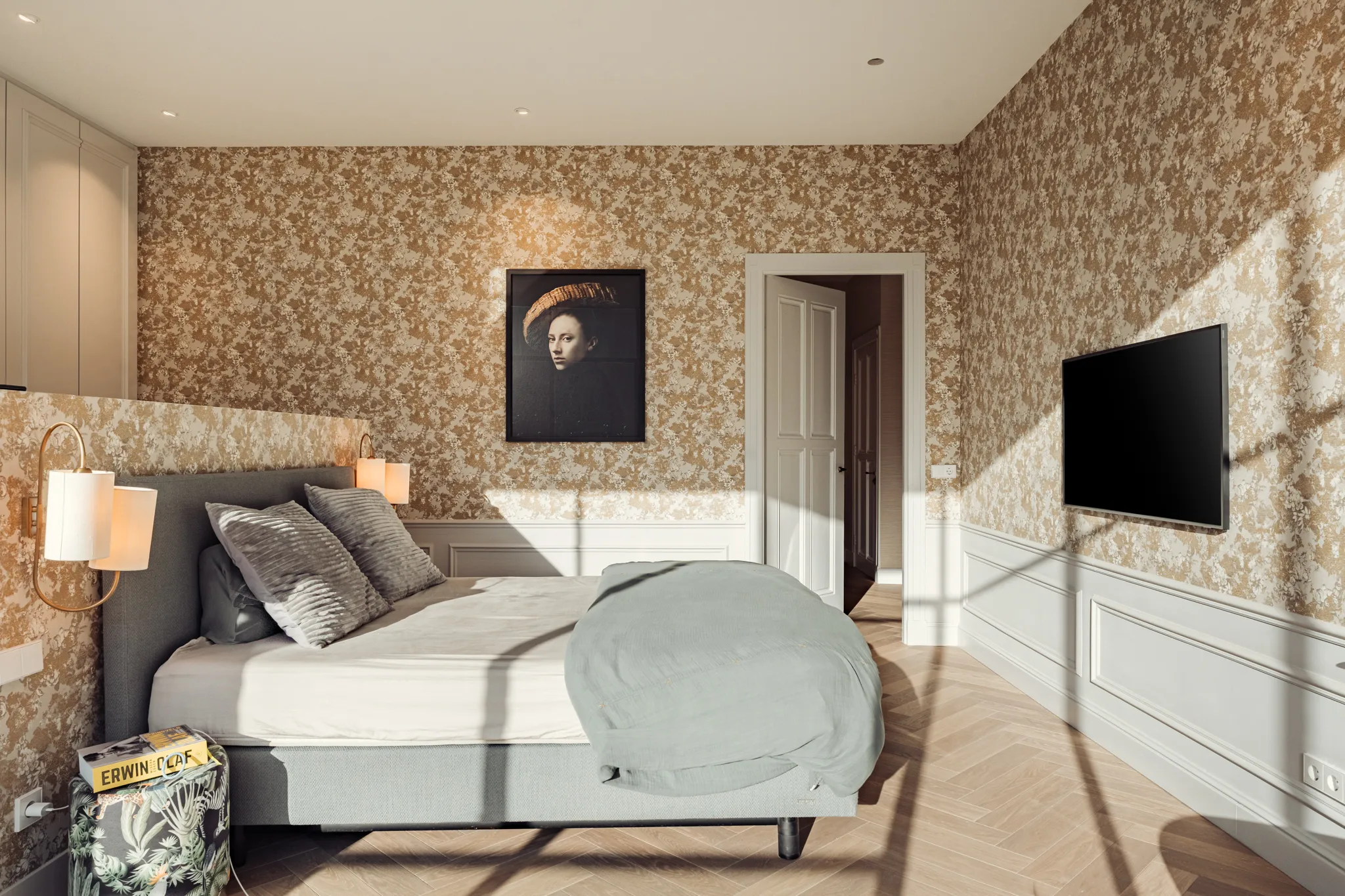 chambre papier-peint végétal décoration contemporaine dressing en tête de lit