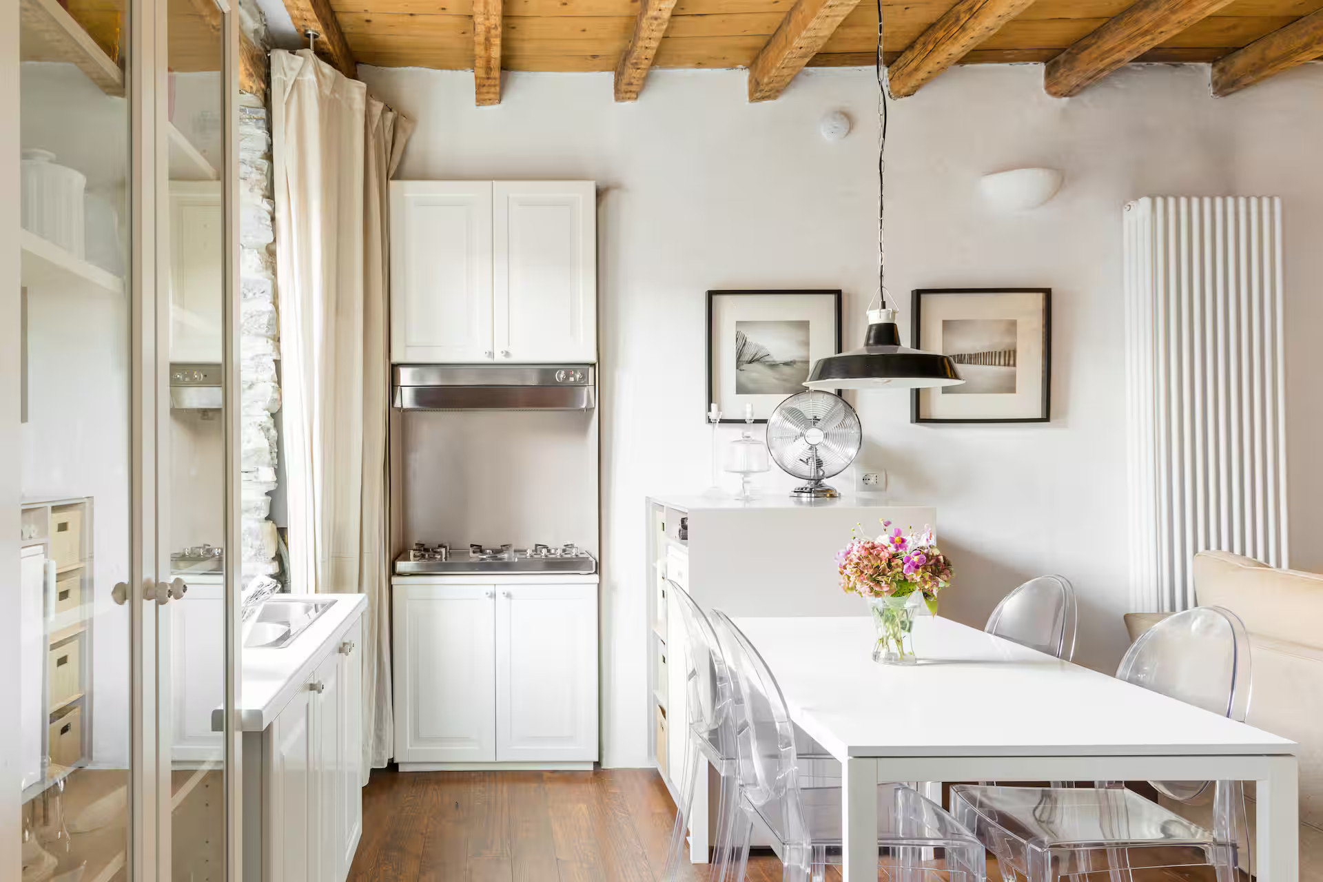 dining room and kitchen beams apartment Lake Como rustic chic decor dining room and kitchen beams apartment Lake Como rustic chic decor