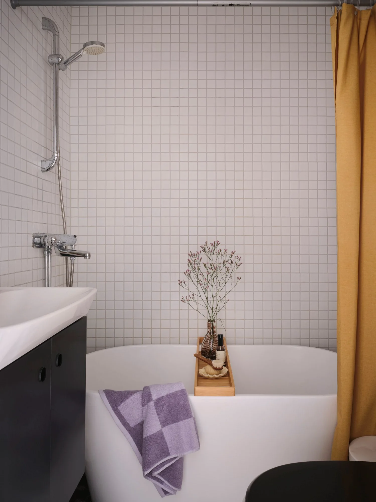 white bathroom with designer bathtube