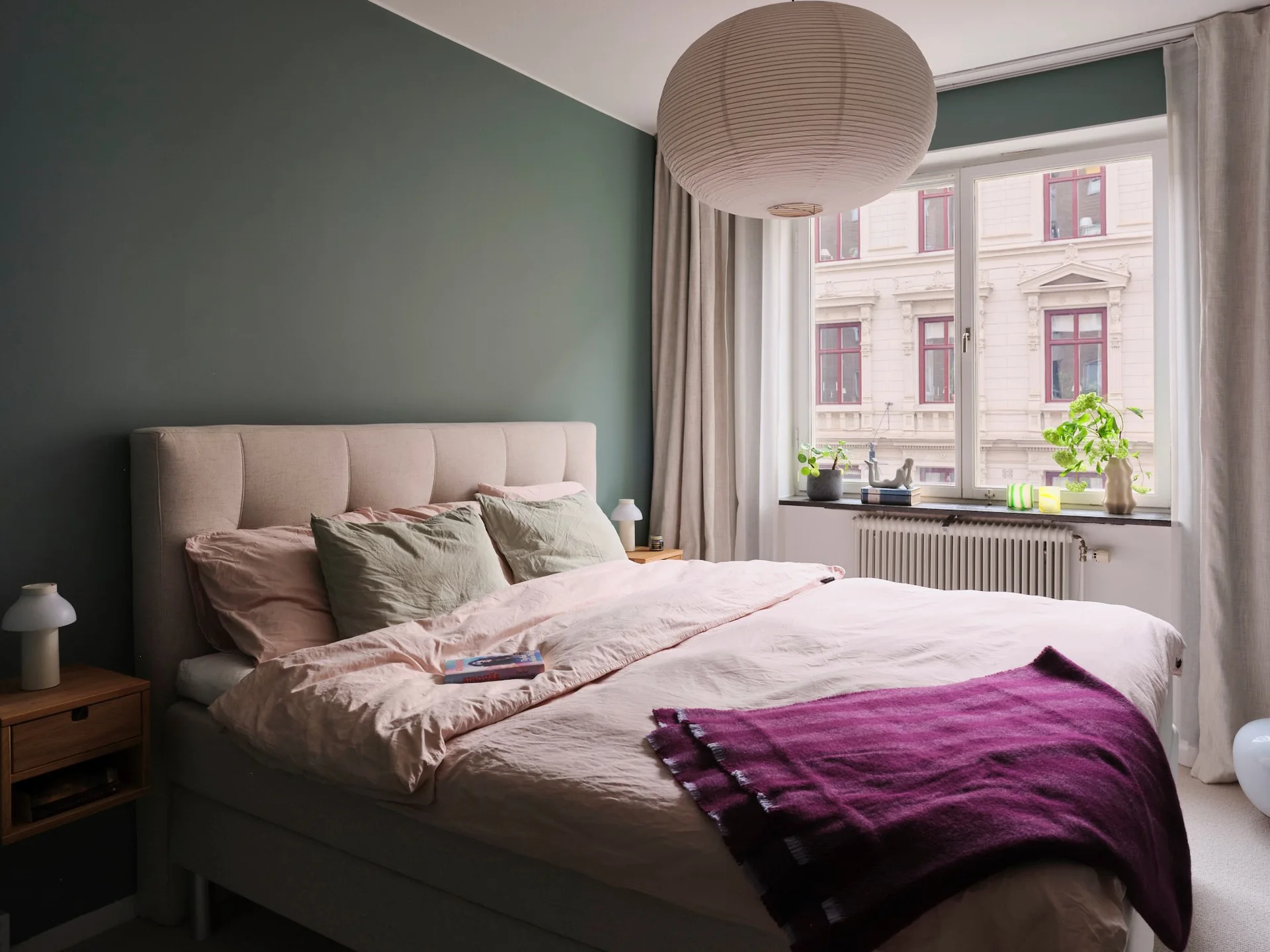 bedroom with green walls vintage style