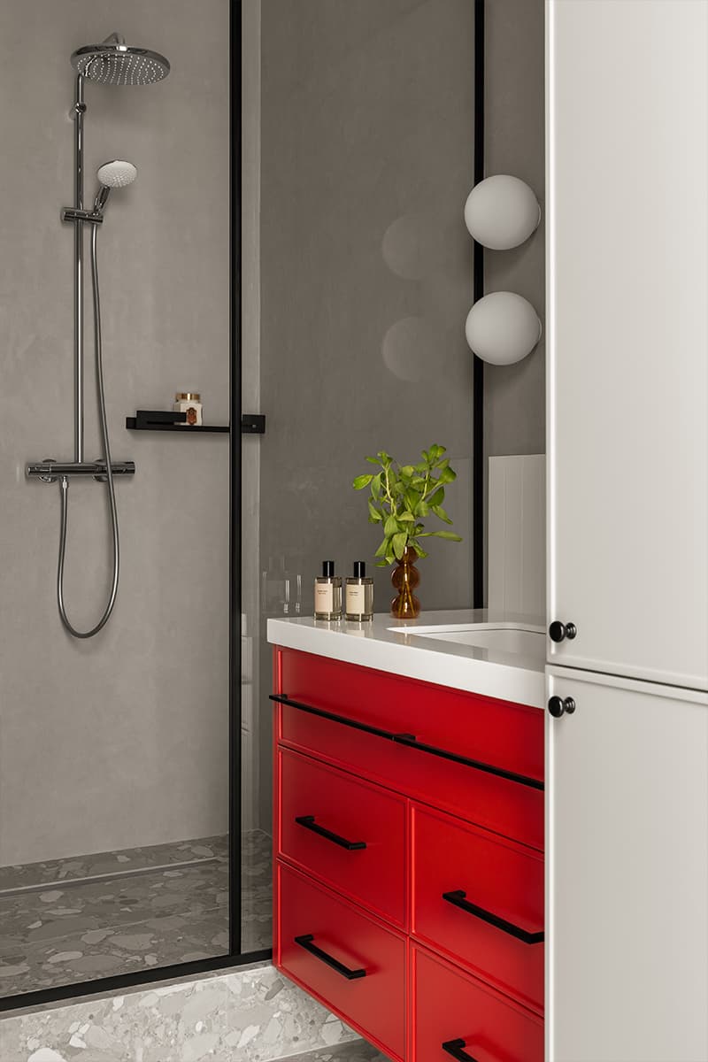 salle de bain rouge et grise deux-pièces 46m2 décoration contemporaine colorée salle de bain rouge et grise deux-pièces 46m2 décoration contemporaine colorée