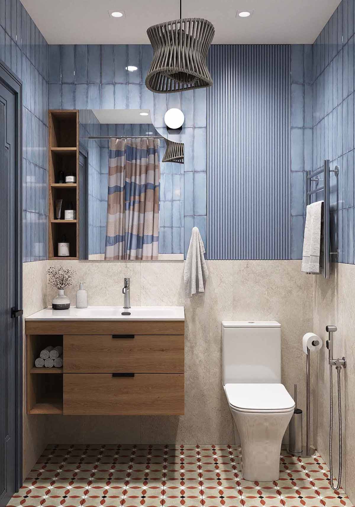 salle de bain bleu sol carreaux de ciment petit appartement 54m2 pour 4 salle de bain bleu sol carreaux de ciment petit appartement 54m2 pour 4