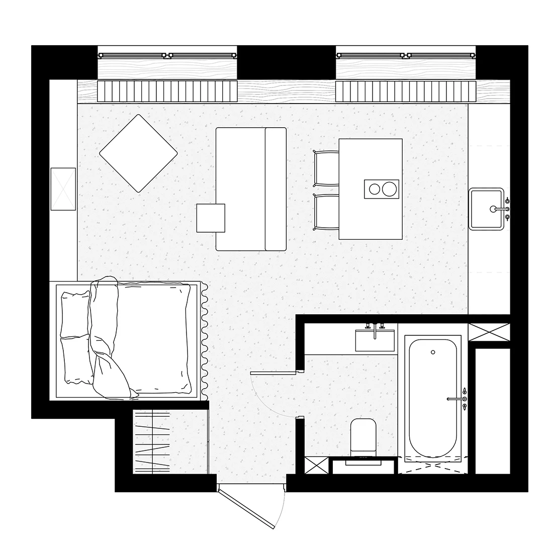 plan petit appartement studio 35m2 noir et blanc design