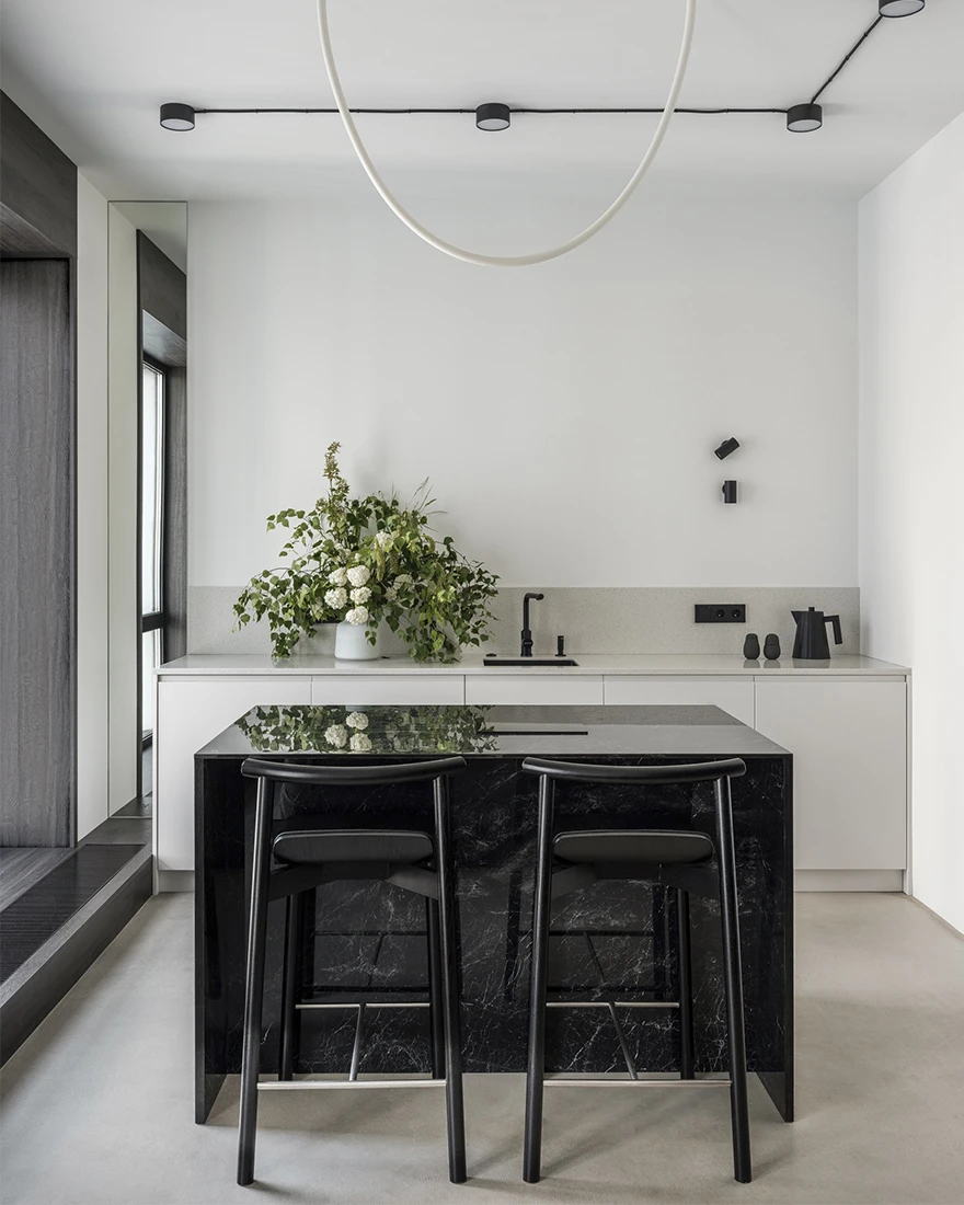 cuisine ouverte petit appartement studio 35m2 noir et blanc design