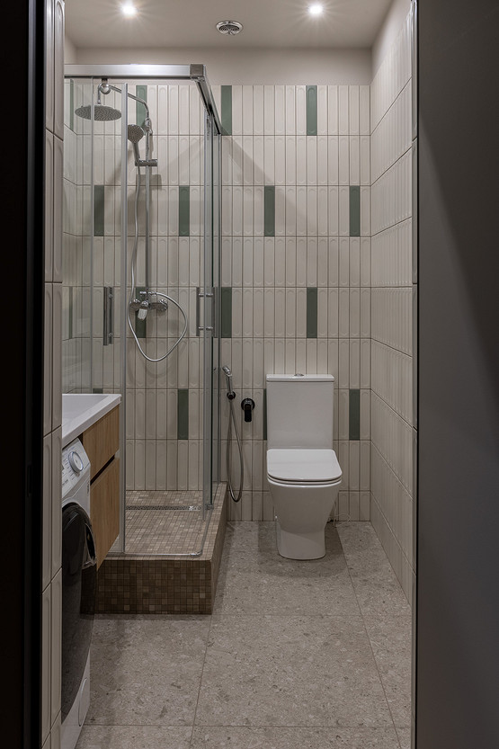 salle de bain verte et bois