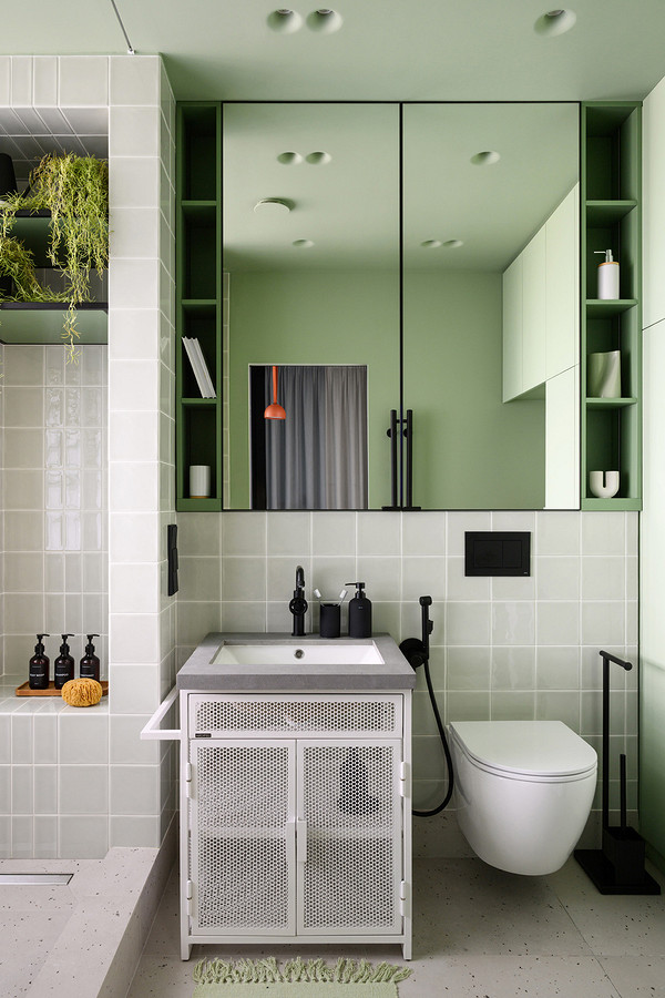 salle de bain verte appartement 55m2 murs et plafond béton pavés de verre décoration colorée et contemporaine salle de bain verte appartement 55m2 murs et plafond béton pavés de verre décoration colorée et contemporaine