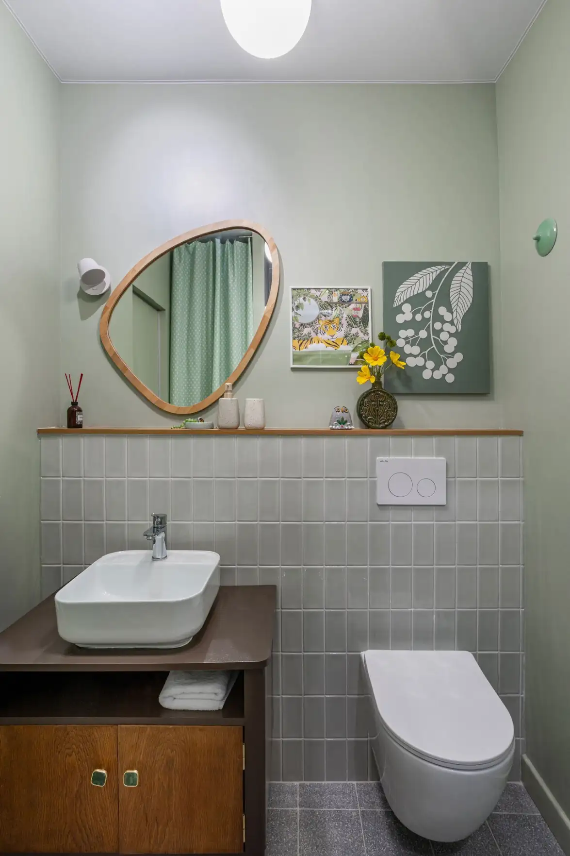 modern bathroom in green and wood