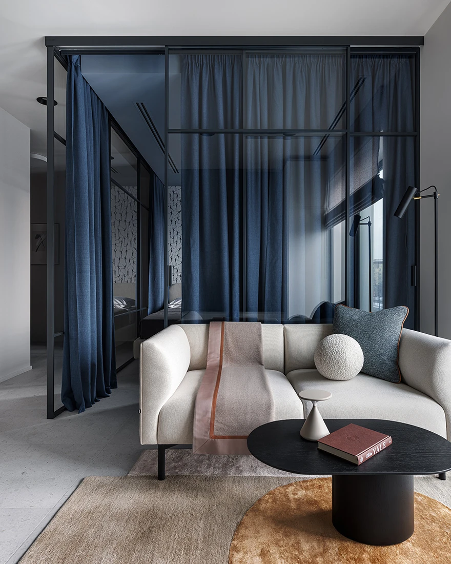 salon et chambre verrière appartement design 33m2