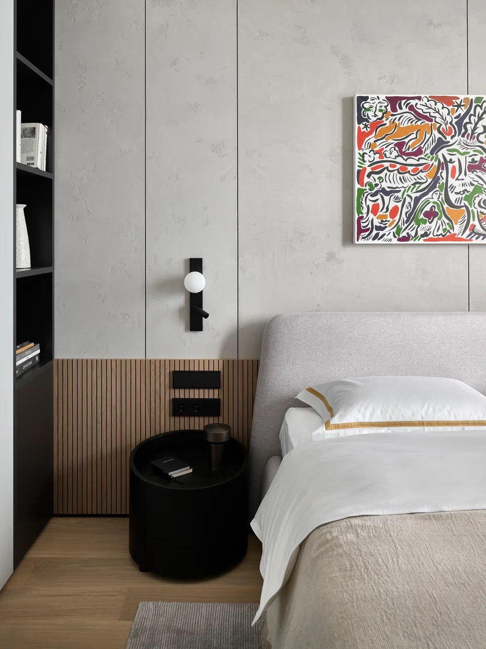 chambre mur gris appartement décoration design style Japandi chambre mur gris appartement décoration design style Japandi