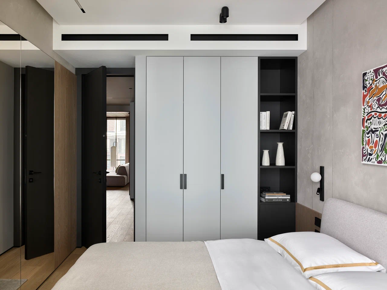 chambre mur gris appartement décoration design style Japandi chambre mur gris appartement décoration design style Japandi