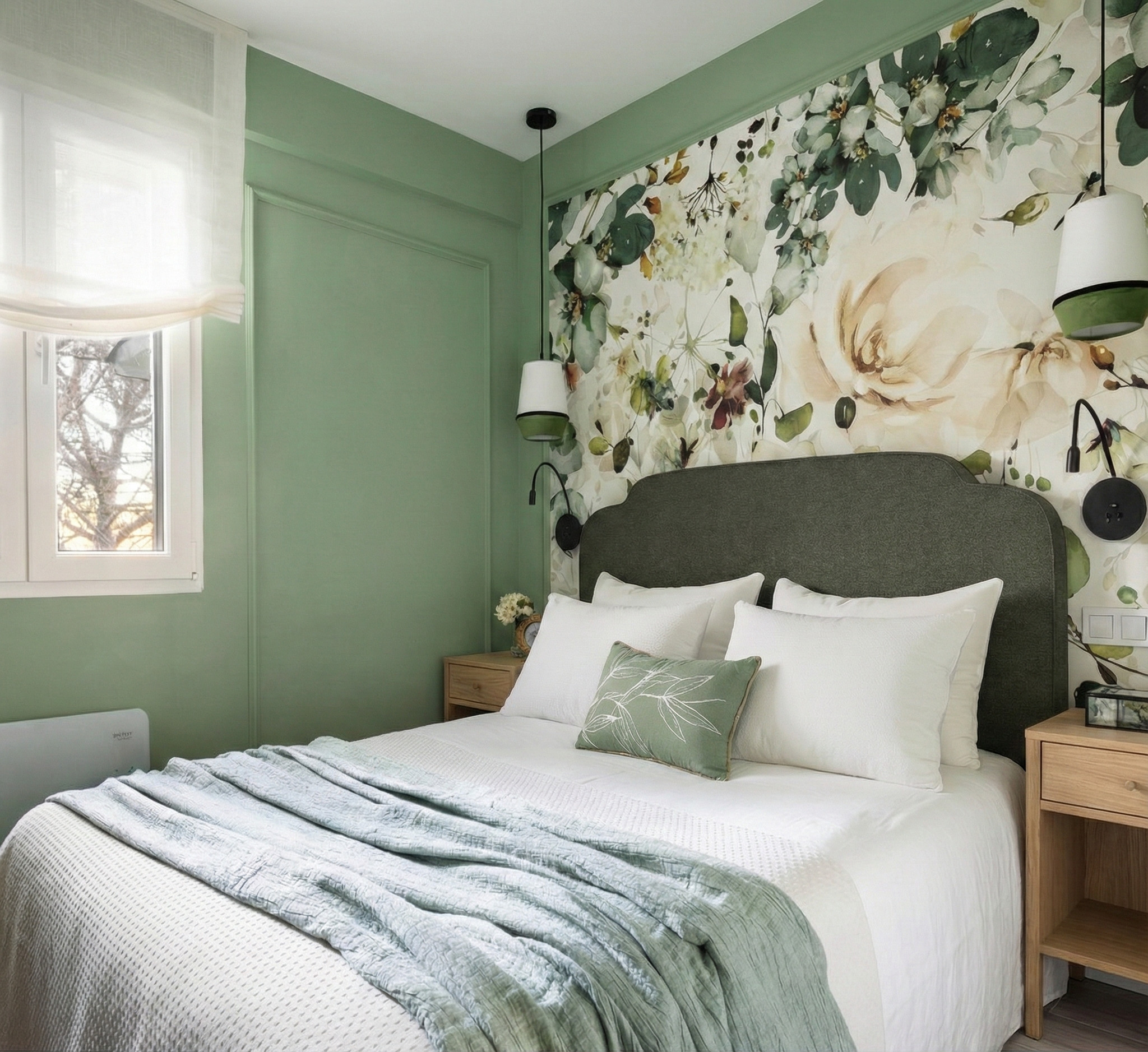 chambre papier-peint végétal décoration verte appartement de 58m2