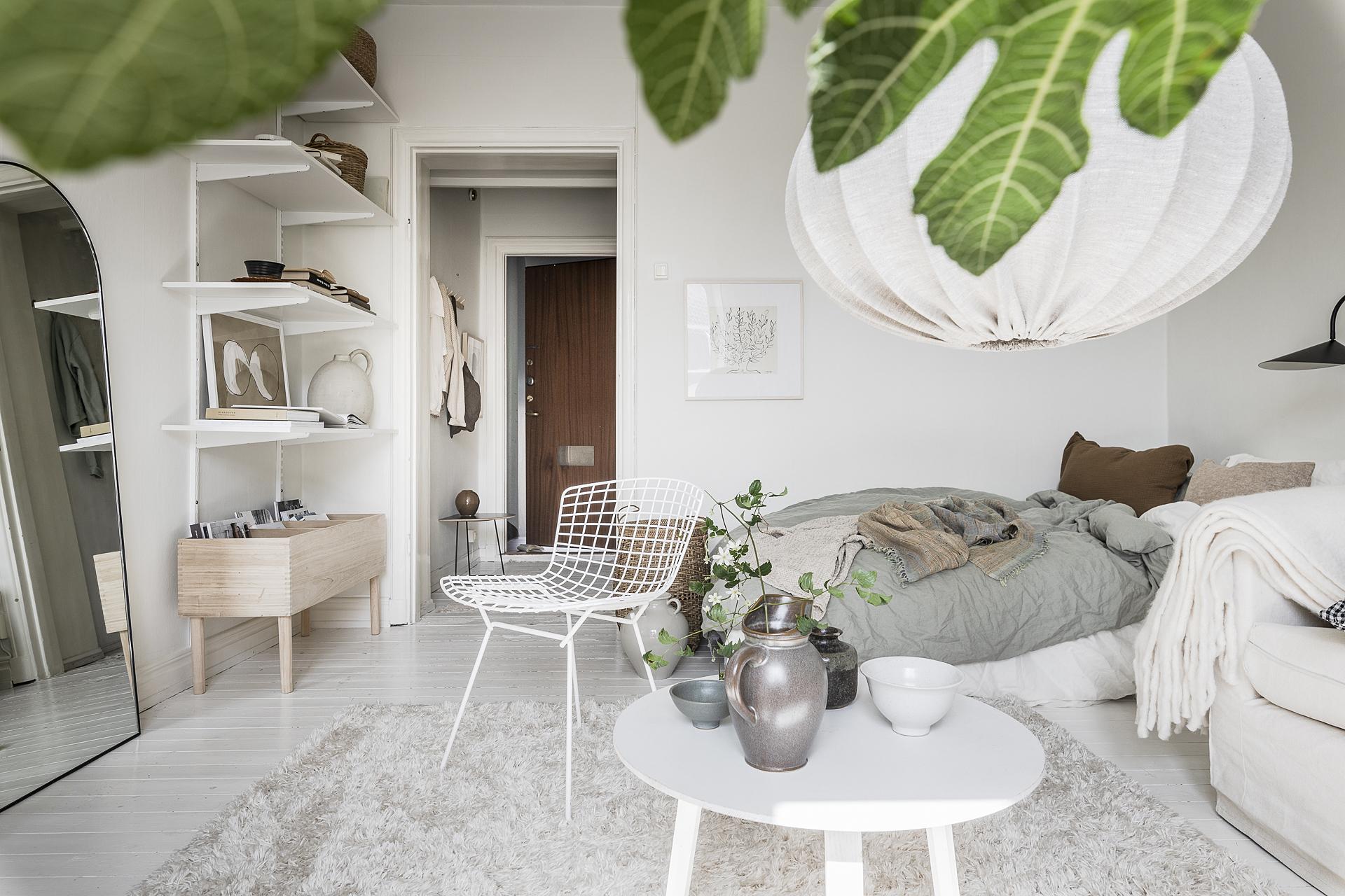 living room with bed 32sqm studio in white decor scandinavian style