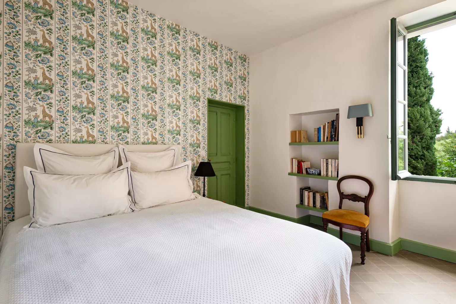 green bedroom with wallpaper rustic chic style France green bedroom with wallpaper rustic chic style France