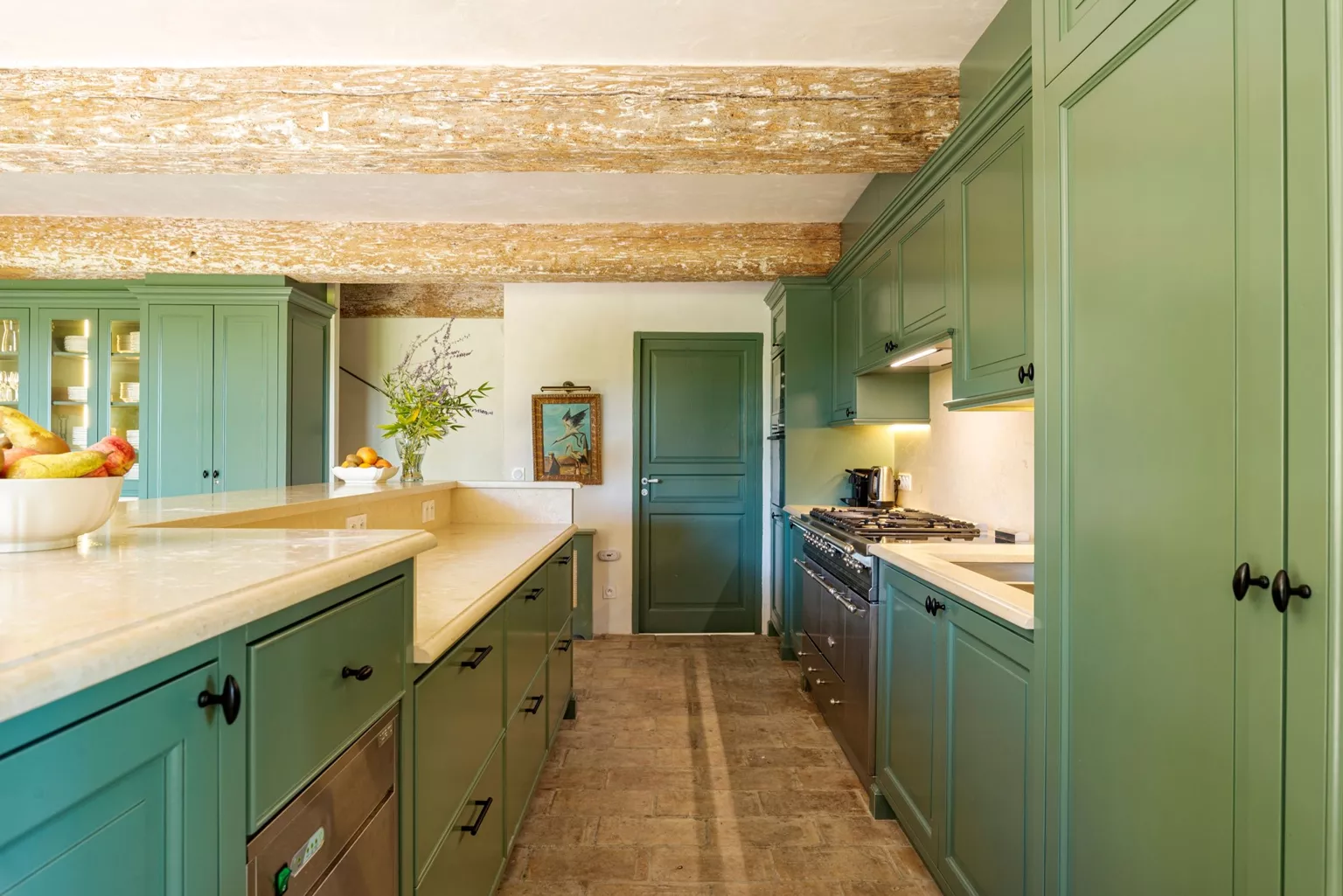 green kitchen with beams stone farmhouse in Provence green kitchen with beams stone farmhouse in Provence