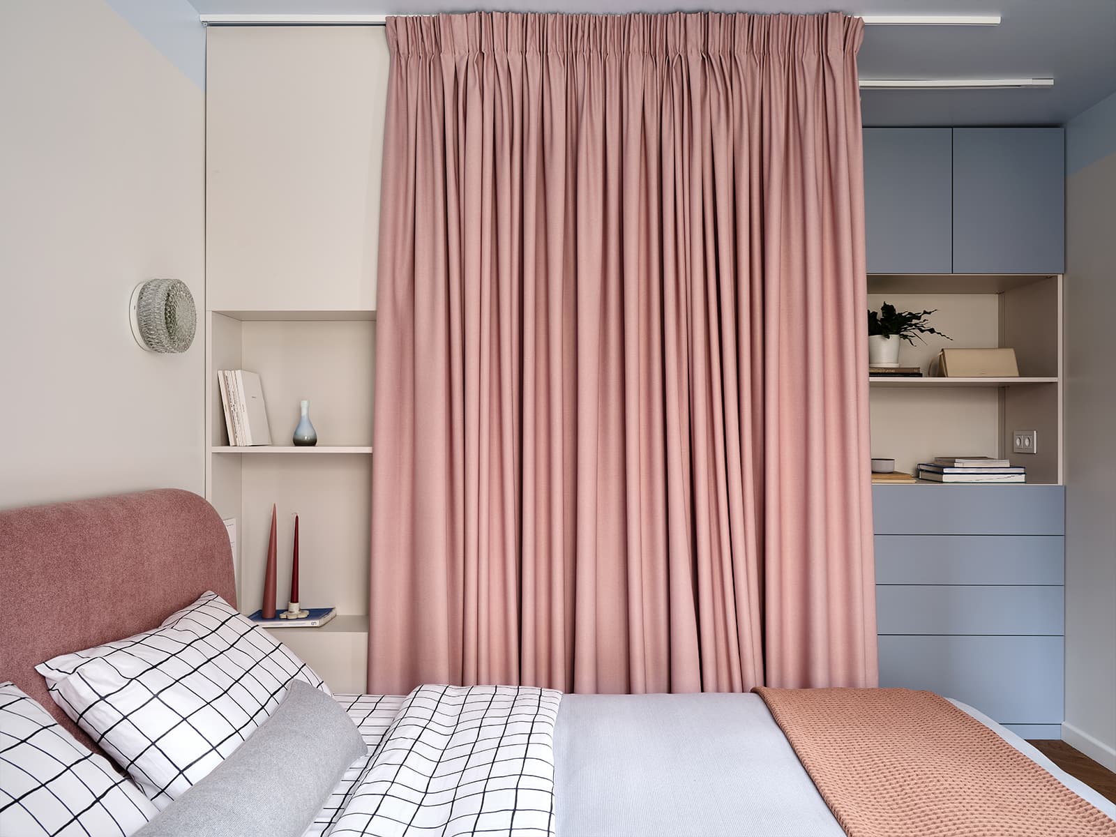 bedroom white and pink and walk in wardrobe