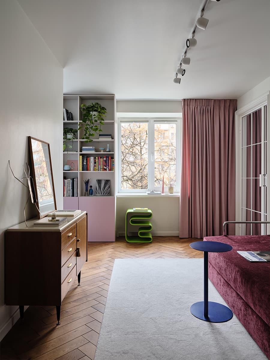 living room with pink sofa 38sqm apartment contemporary decor