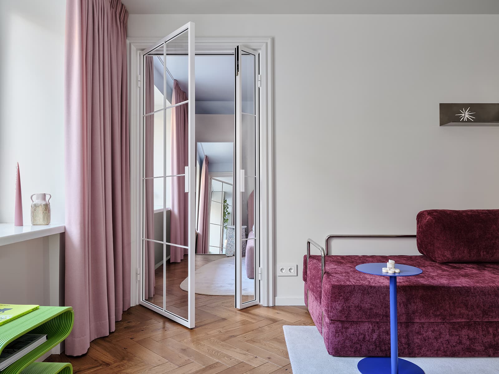 living room with pink sofa and glazed door 38sqm apartment contemporary decor