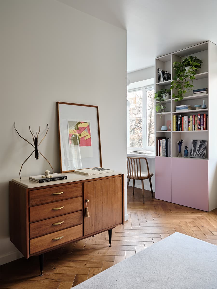 living room with vintage Scandinavian dresser 38sqm apartment contemporary decor