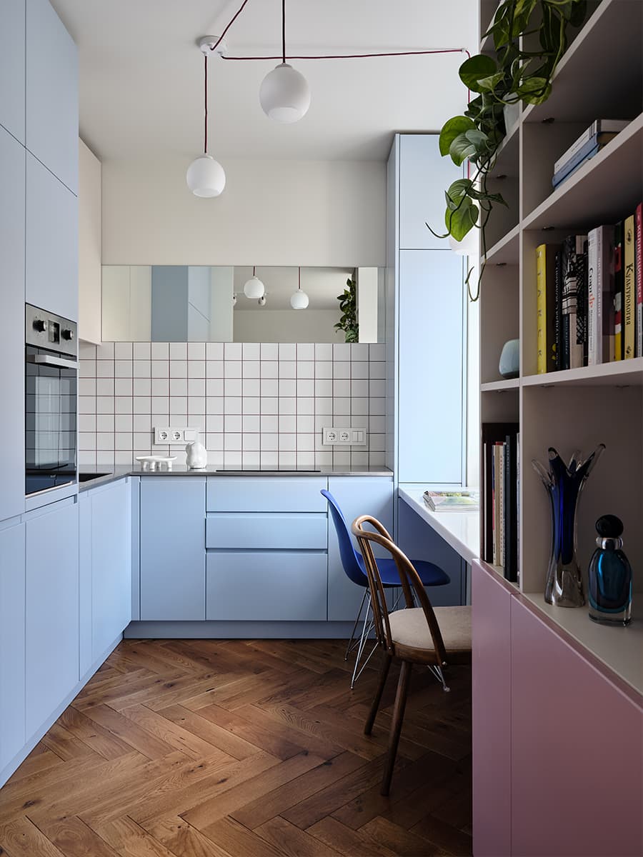 blue kitchen with desk 38sqm apartment contemporary decor