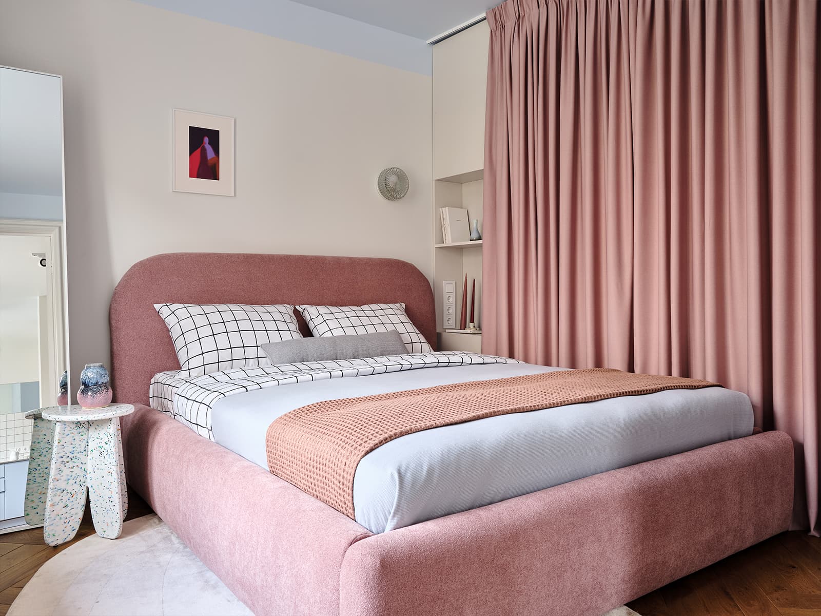 white and pink bedroom 38sqm apartment contemporary decor
